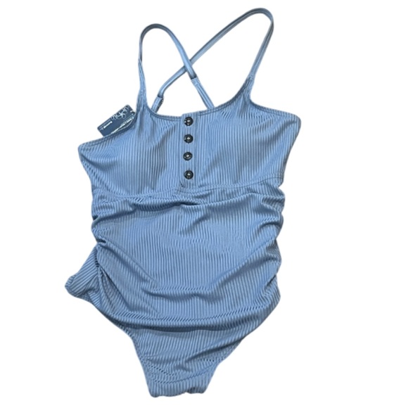 NWT Summer Mae Blue Maternity Swimsuit One Piece Ribbed, Button Front Design - Picture 3 of 12